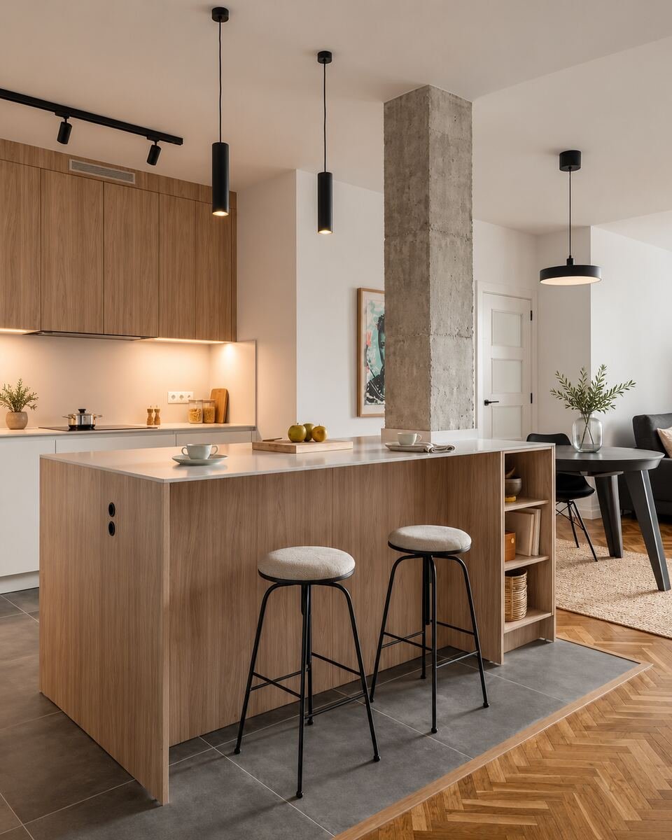 Cocina con pilar de hormigón visto, mobiliario de madera natural y cilindros de luz negros